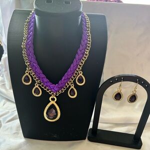 Braided Purple Chain Necklace and Teardrop Earrings with Gold Accents